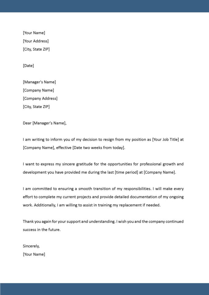 Example of a professional two weeks notice letter